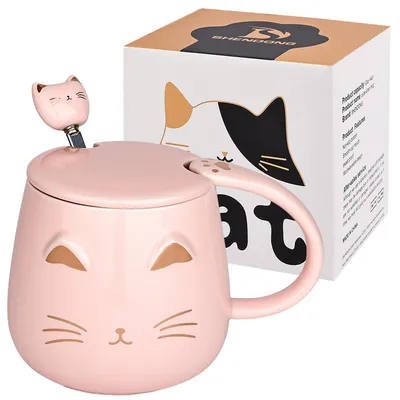 Keramik-Kaffeetasse mit Katzendeckel, 450 ml, rosa