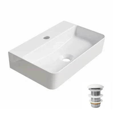 Productafbeelding van Wasbak, 46 x 31 cm, met keramische pop-up afvoer, wit. Opzetwasbak, hangende wasbak, wasbak voor wandmontage, keramiek