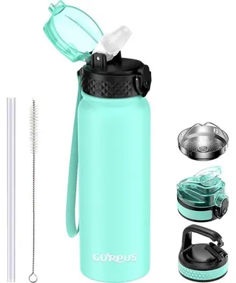 Produktbild von Edelstahl Wasserflasche mit Strohhalm 600ml Grün BPA-frei Vakuum-isoliert Auslaufsicher