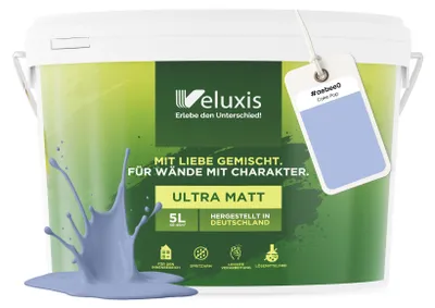 Produktbild von Wandfarbe Blau Hellblau Lila Matt Innenfarbe – Deckkraft Klasse 1, VOC-frei, Ohne Grundierung, Tropfarm – Wohnzimmer & Schlafzimmer – 5L – Veluxis (Cake Pop)