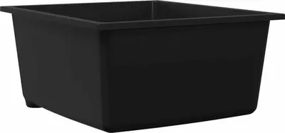 A black sink is shown from a slightly elevated angle against a white background.
