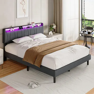 Zdjęcie produktu dla Łóżko REMZETTA, wymiary 160 x 200 cm, podwójne łóżko dla dorosłych z elastycznym stelażem, tapicerowanym zagłówkiem z lnu, oświetleniem LED RGB, portami USB-C i 2 portami USB, kolor: szary