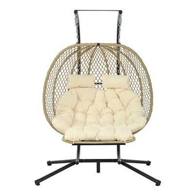 Produktbild von Hängesessel mit Ständer und Kissen Eiförmiger Schaukelsitz Hängestuhl Schwebeliege Doppelschaukelstuhl Beige