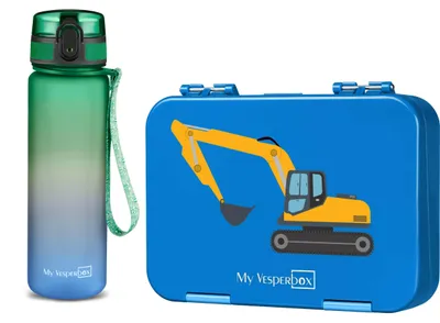 Produktbild von My Vesperbox Len Brotdosen-Set – Box Blau Bagger, Minny Trinkflasche Grün/Blau (500 ml)