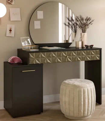Produktbild von Schminktisch "Relief" Schminkkommode in schwarz und Gold, 117 x 138 cm, mit Stauraum