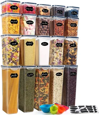Obrázek produktu pro Sada 20 úložných nádob z plastu – vzduchotěsné – bez BPA – s víčky, štítky a perem – průměr 10,8 cm – vhodné pro müsli, mouku, rýži