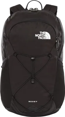 A black backpack is shown against a white background.