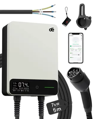 Productafbeelding van Elektrische auto-lader - Type 2 wandlader - 7,4 kW, 32 A - 1-fase - WiFi, Tuya-app - RFID - 5 meter - Wit