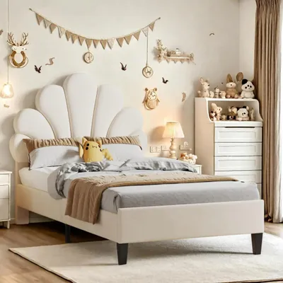Image de Lit 90x200cm, Cadre de lit Simple avec tête de lit en Forme de Fleur et sommier à Lattes, pour Adolescente, Fille et Adolescente, Beige Tissu Velours
