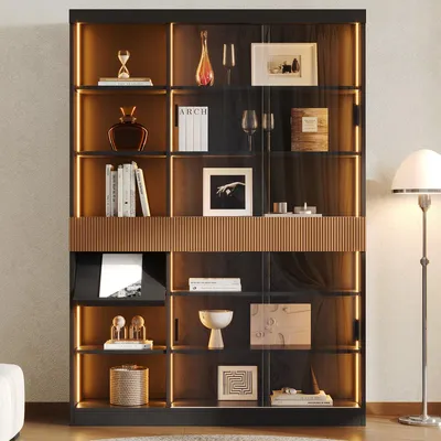 Image de Vitrine de 120 x 28,5 x 180 cm avec éclairage LED, portes coulissantes en verre, 3 tiroirs et une étagère rabattable, finition noire et marron