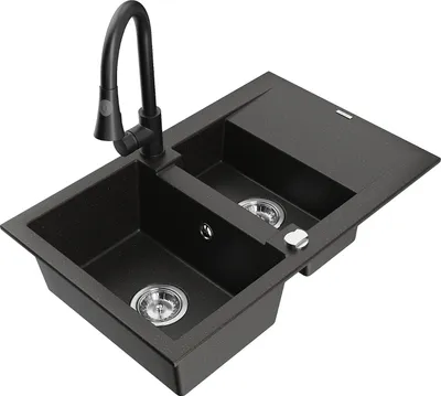 Produktbild von Mexen Gaspar 1,5-Becken-Granitspüle mit Abtropffläche und Mischbatterie Elia, Schwarz/Gold metallisch - 6507-75-670101-70