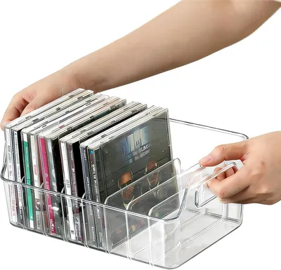 Imagen del producto de Caja transparente para guardar CDs, para 12-13 discos, con compartimentos ajustables, ideal para organizar música