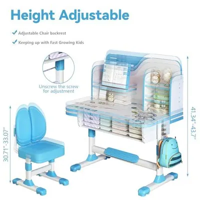 Imagen del producto de Escritorio y silla para niños, set de escritorio infantil con altura ajustable, escritorio para estudiantes, silla de escritorio ergonómica con amplia superficie de escritura, estantería y cajón (azul)