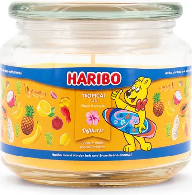 Zdjęcie produktu dla Świeca zapachowa Haribo™ Tropical Fun, świeca zapachowa w szklanym słoiku, 300 g, czas palenia 50 godzin