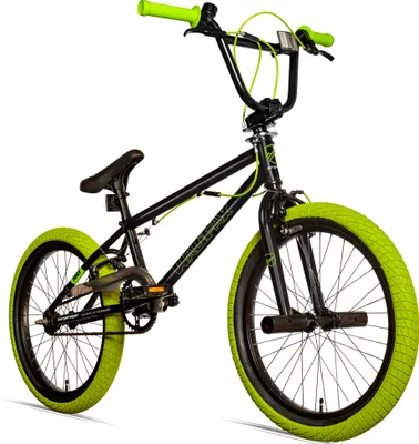 A black and neon green BMX bicycle is shown against a white background.