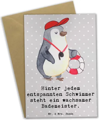 Produktbild von Mr. & Mrs. Panda Grußkarte Bademeister schützend - Grau Pastell - Geschenk, Schwimmbad Sicherheit, einladungskarten, Wasserliebe, Berufsalltag, Berufsliebe, Grußkarten