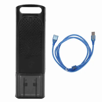A black USB dongle receiver and a blue USB cable are shown on a white background.