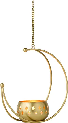 Produktbild von Marrakesch Ramadan Deko Mond Teelichthalter hängend aus Metall 23 cm | Windlicht Afmia Gold als Wohnzimmer Herbst Dekoration | Orientalische Deko Windlichter Kerzenhalter für Teelichter
