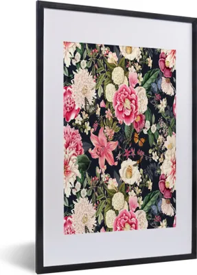 Produktbild von MuchoWow® MuchoWow® Gerahmtes Poster Blumen - Muster - Rosa 40x60 cm - Poster mit zchwarzem Bilderrahmen - Poster in Rahmen