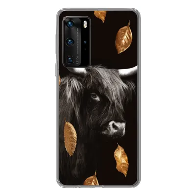 Produktbild von MuchoWow® Handyhülle Schutzhülle Hülle für Huawei P40 Pro Schottischer Highlander - Blätter - Gold - Schwarz Silikon Softcase Handy Hülle - Schutz