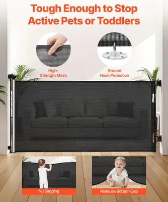 Produktbild von SucceBuy Einziehbares Babygitter und Hundegitter, ausziehbar bis zu 185 cm Breite und 795 mm Höhe, Treppenschutzgitter mit Sicherheitsschloss, Netzgewebe-Schutzgitter für Treppen, Flure und Innen-/Außenbereiche, Schwarz