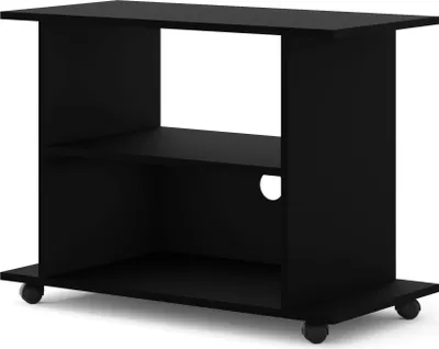 A black TV stand with two shelves and wheels, shown from a front-side angle against a white background.