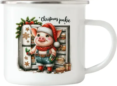 Produktbild von Christmas Junkie Lustiges Schweinmotiv Emaille-Tasse Geschenkidee witziges Design Weihnachten