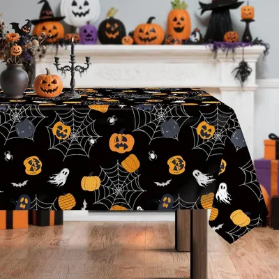 Obrázek produktu pro Halloweenová ubruska s motivem duchů, polyester, obdélníkový tvar, 140 x 180 cm, černá barva