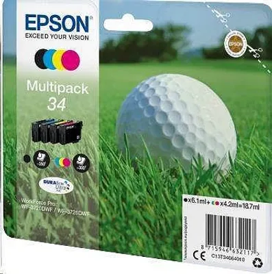 Obrázok produktu pre Epson Golf ball 4-farebný atrament DURABrite Ultra 34 golfová loptička multipack, Štandardná výťažnosť, Čierna, Azúrová, Purpurová, Žltá, Atrament na pigmentovej báze, 6,1 ml, 4,2 ml, 1 kusov