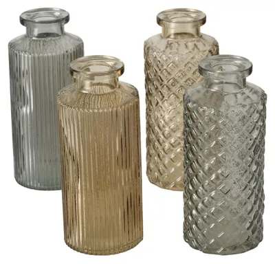 4er-Set Glasvasen, Flaschenform, Beige-Grau, 13,8 cm
