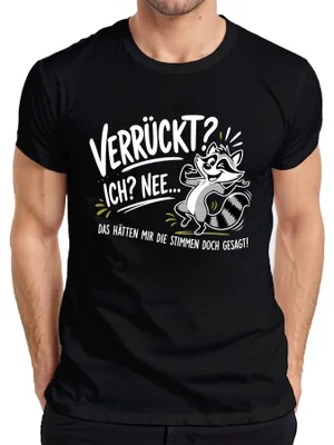 Productafbeelding van "Verrückt, ik nee, stemmen," wasbeer, statement, sarcasme, heren T-shirt, zwart, XL