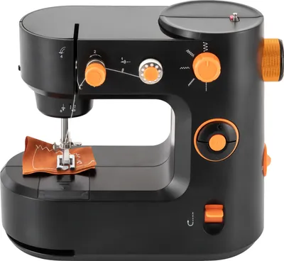 A black and orange sewing machine is shown against a white background.