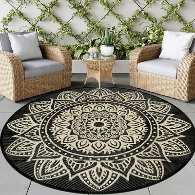Produktbild von Runder Teppich für den Außenbereich aus Kunststoff, Boho-Teppich, Terrassenteppich, wasserdicht, Strohteppich, Teppich für das Wohnmobil, leicht, tragbar und wendbar