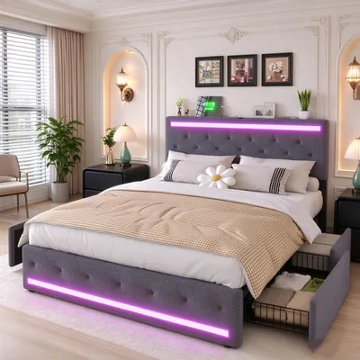 Immagine prodotto di Letto imbottito INONEFT, 140x190 cm, con testiera regolabile in altezza, letto matrimoniale con rete a doghe e 4 cassetti, dotato di luci LED e presa USB, rivestito in lino, colore grigio