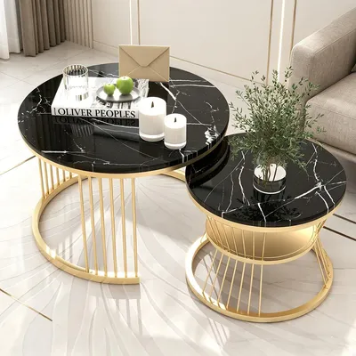 Immagine prodotto di INONEFT, set da 2 tavolini da caffè rotondi, design moderno, ideali per il soggiorno, tavolino rotondo con aspetto marmo e struttura in metallo, colore nero e oro