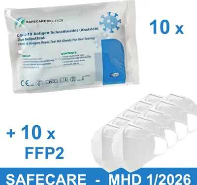 Produktbild von 10x Selbsttest + 10x FFP2 Maske - SAFECARE Corona Antigen-Tests - MHD 01/26  | CE 1434