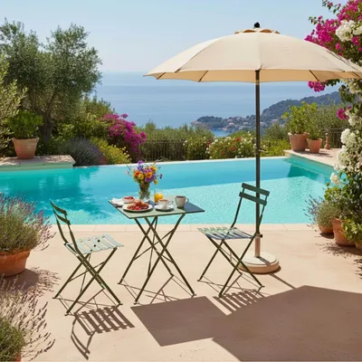 A table and chairs set with breakfast items next to a swimming pool with a view of the ocean.