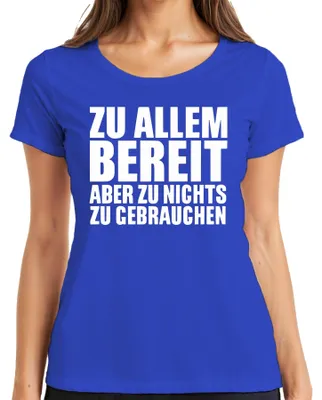 Productafbeelding van Klaar voor alles, maar zin in niets. Grappig, ironisch, kantoorhumeur. Dames T-shirt, blauw, maat XL
