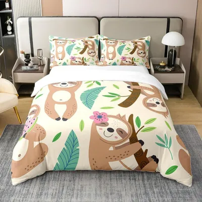 Productafbeelding van Beddengoedset 135x200 cm + 1 kussensloop 80x80 cm, 100% katoen, meerkleurig met dierenmotief en palmbladendesign