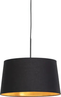 Produktbild von QAZQA - Klassisch I Antik Hängelampe I Pendellampe I Pendelleuchte mit Baumwollschirm schwarz mit Gold I Messing 40 cm - Combi I Wohnzimmer I Schlafzimmer - Textil Zylinder I Länglich I Rund - LED gee