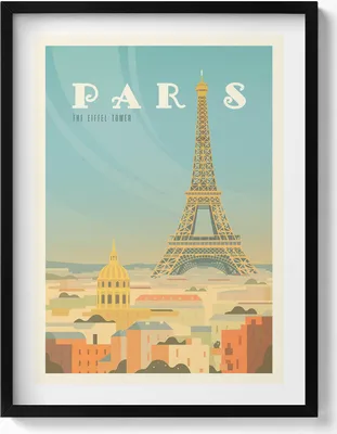 Produktbild von Illustration von Paris und dem Eiffelturm– Wandbild mit Rahmen – Gerahmtes Bild  – Wanddekoration – 60x80 cm –  Schwarz Rahmen