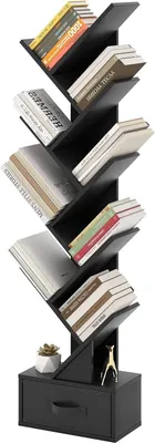 A black tree-shaped bookshelf with books on its shelves, placed on a white background.