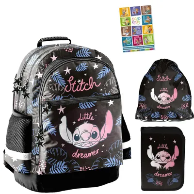 Produktbild von Schulranzen für Jungen und Mädchen, 4er-Set - Schul-Rucksack für Kinder mit Federmäppchen - Schuhbeutel und Hausaufgabenheft - Stitch Motiv