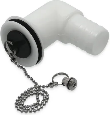 Produktbild von Ablauf mit Stöpsel und Kette, weißer Nylon, abgewinkelt 90 Grad, Anschluss: 1" / 26 mm, inkl. Dichtung
