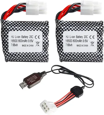 Produktbild von Set mit 2 wiederaufladbaren Lithium-Ionen-Akkus 9,6 V 800 mAh 20 C mit EL-6P Anschluss und USB-Ladegerät - Kompatibel mit RC Auto, Geländewagen
