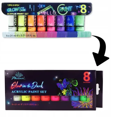 Two images of the same acrylic paint set, one in its packaging and one displayed in a retail setting.