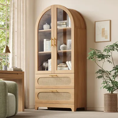 Produktbild von STILVORA Vitrine mit Montmartre-Bogen und 2 Schubladen, Bücherregal mit verstellbaren Böden, Vitrinenschrank im Retro-Design, Eiche