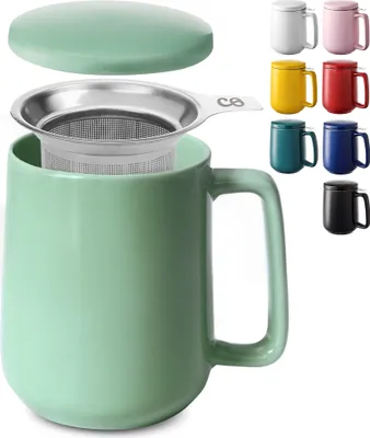 Produktbild von Teetasse mit Sieb und Deckel - Keramik Türkis - Hält Lange warm - 500ml XXL Groß - Spülmaschinenfest