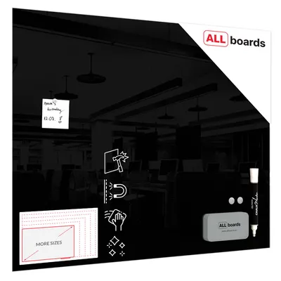 A black glass whiteboard with various icons and accessories displayed on it, set against a blurred office background.