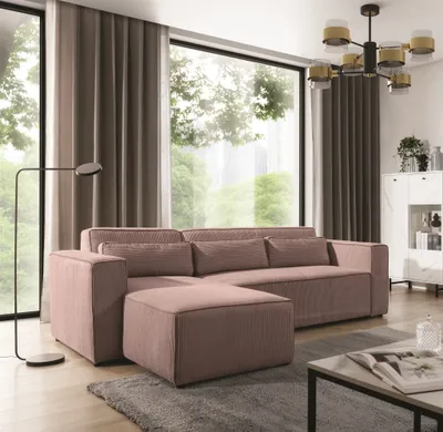 Productafbeelding van Eckbank met slaapfunctie, model WALDO, bekleding: stof Poso, kleur: oudroze, met ottoman aan de linkerkant